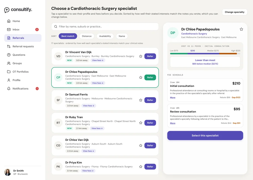 Consultify on desktop: choosing a specialist with fees shown