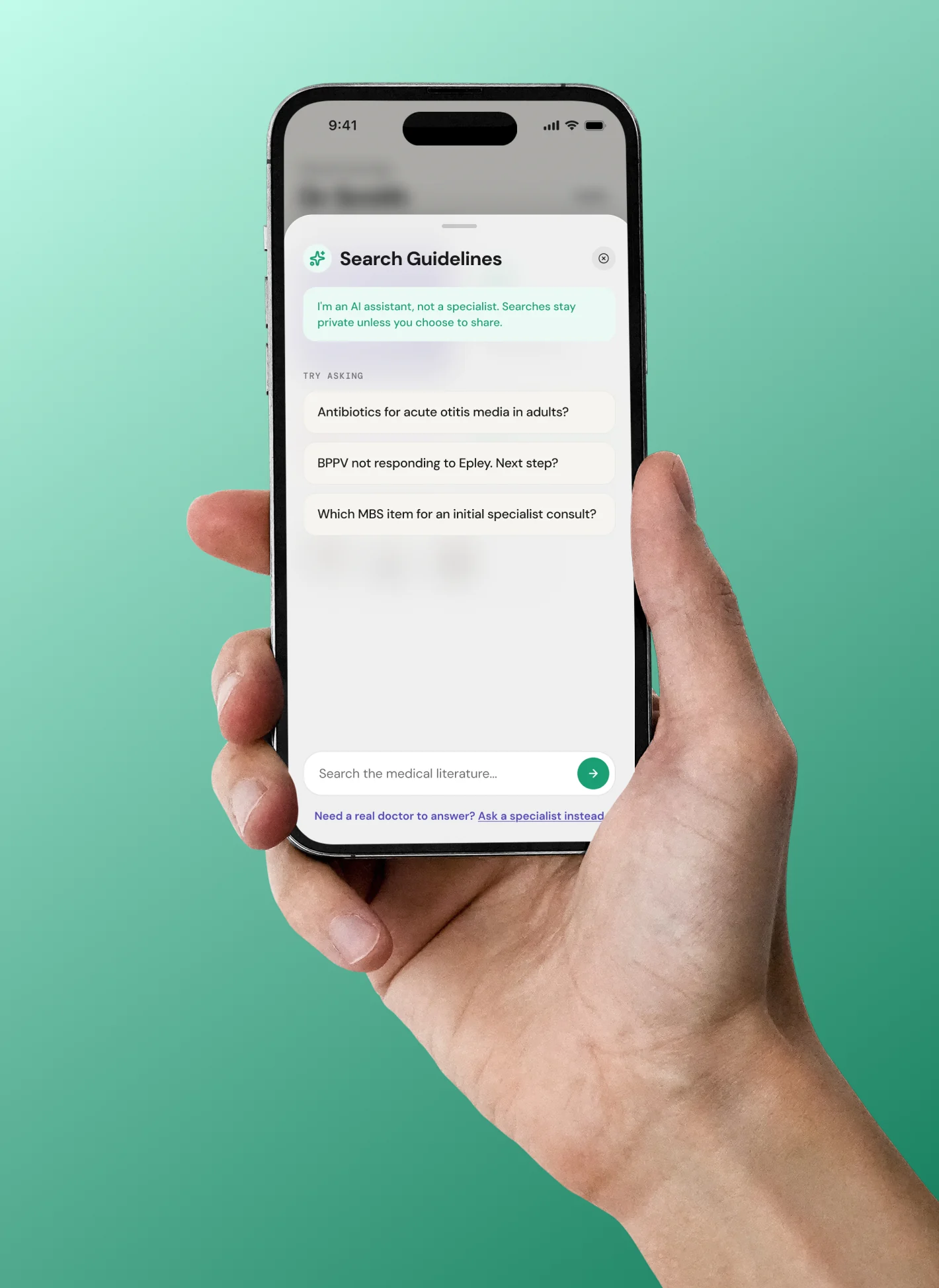 A hand holding a phone with Search Guidelines open in Consultify
