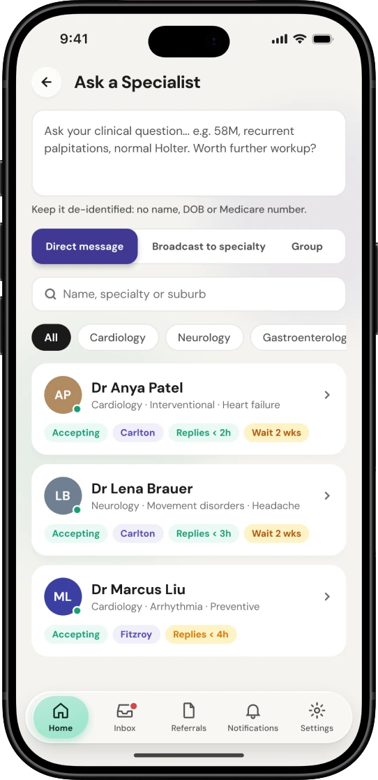 Ask a Specialist screen listing available cardiologists and neurologists