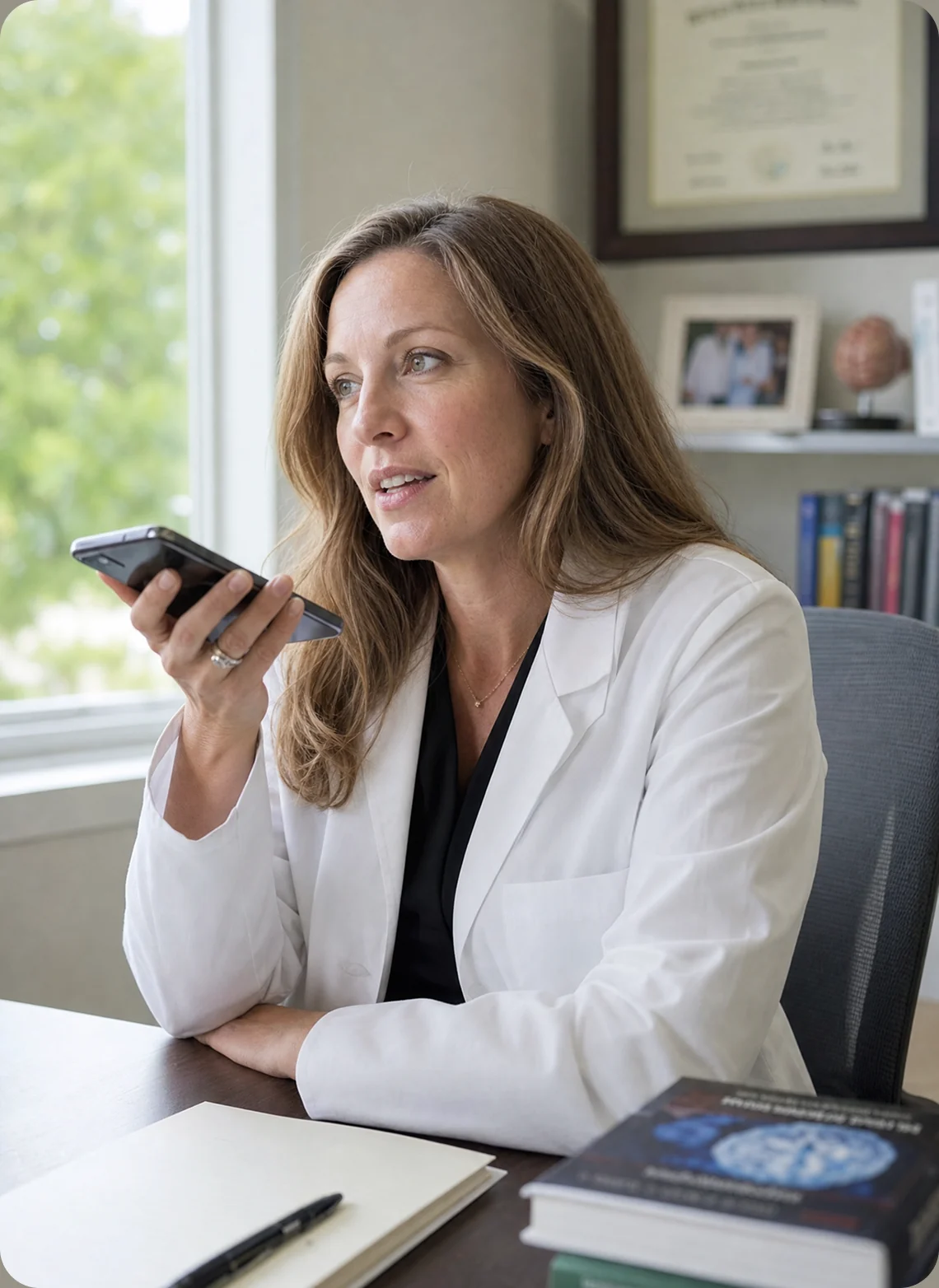 A neurologist dictating a clinical question into her phone