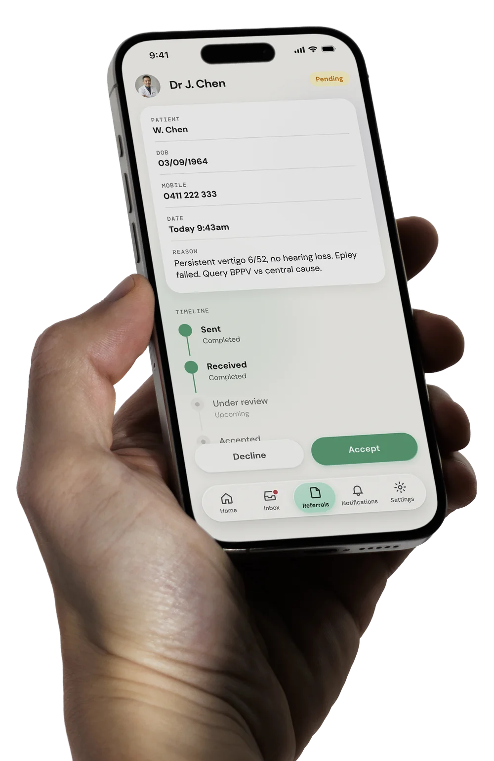 A hand holding a phone with a referral open in Consultify