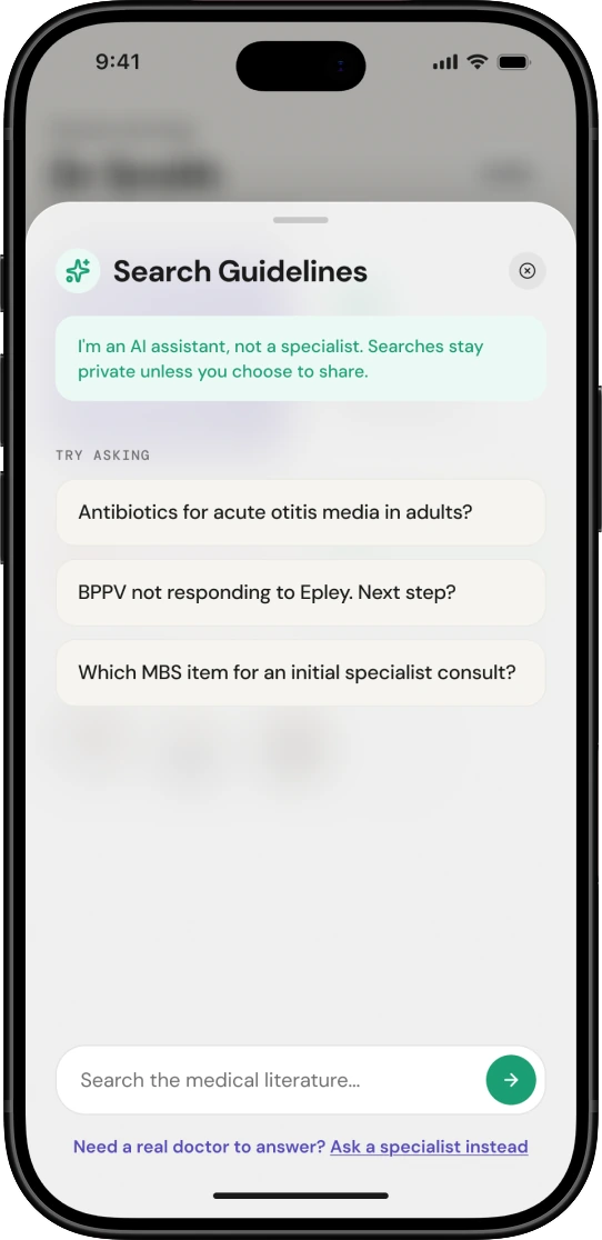Search Guidelines screen with suggested clinical questions
